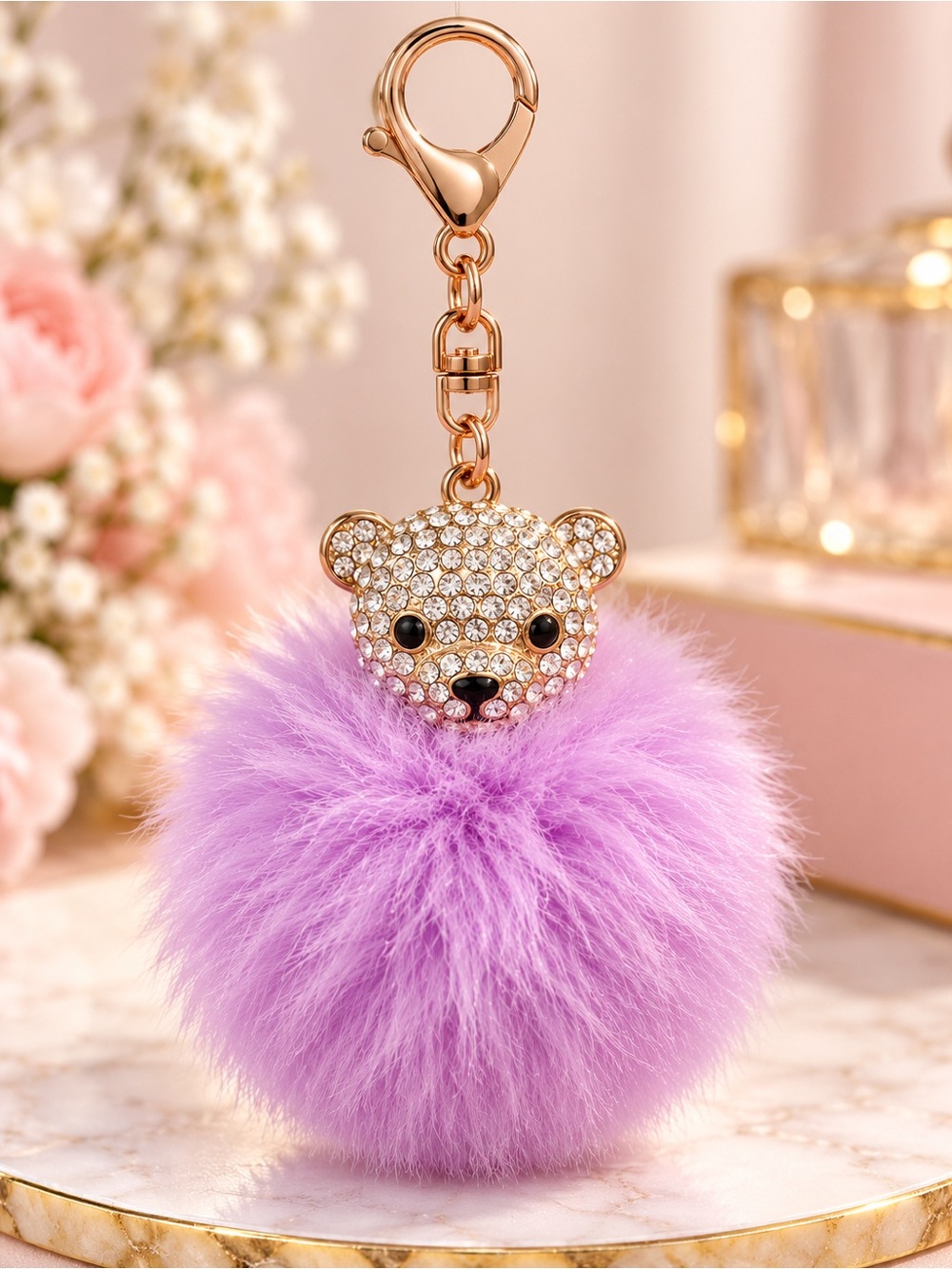 Sparkly Teddy Bear Pom-Pom Keychain